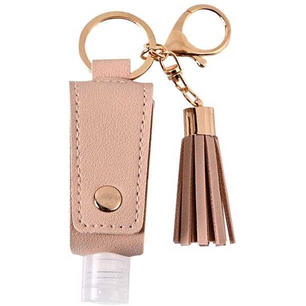 Portable Plastic Travel Bottle with Leather Hand Sanitizer Keychain Holder with Tassel Holster (Pink)