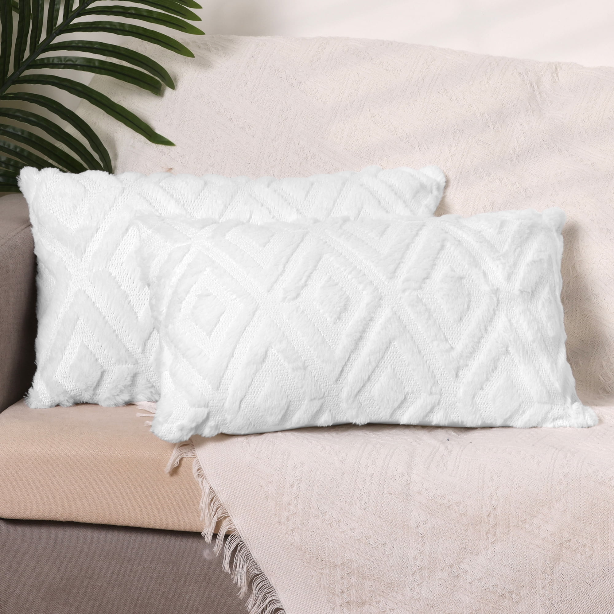 Unique Bargains Shaggy Plush Throw Pillow Covers Couch Pillow Covers (2 Count) White-1 12" x 20"