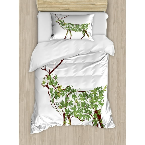 Antlers Duvet Cover Set, Designer Deer Illustration Elk Leave Greenery Garden Traditional Celebration, Decorative 2 Piece Bedding Set with 1 Pillow Shams, Twin Size, Green Brown White, by Ambesonne