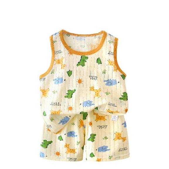 XUELUO Baby Boys Outfit Sets Summer Cartoon Dinosaur Print Round Neck Sleeveless Tank Tops Vest With Elastic Waist Shorts Two Piece Casual Sports Activewear,Yellow,18-24 Months