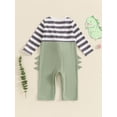 thumbnail image 5 of Suagox Baby Girls Boys Romper Stripe Print Dinosaur Fake Two-Pieces Long Sleeve Crew Neck Jumpsuits Fall Clothes Infant Bodysuits for 0-18 Months Baby, 5 of 10