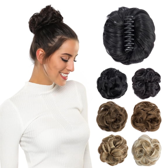 Women Dark Brown Messy Bun Hair Extension Curly Faux Hair Bow Claw Clip Piece