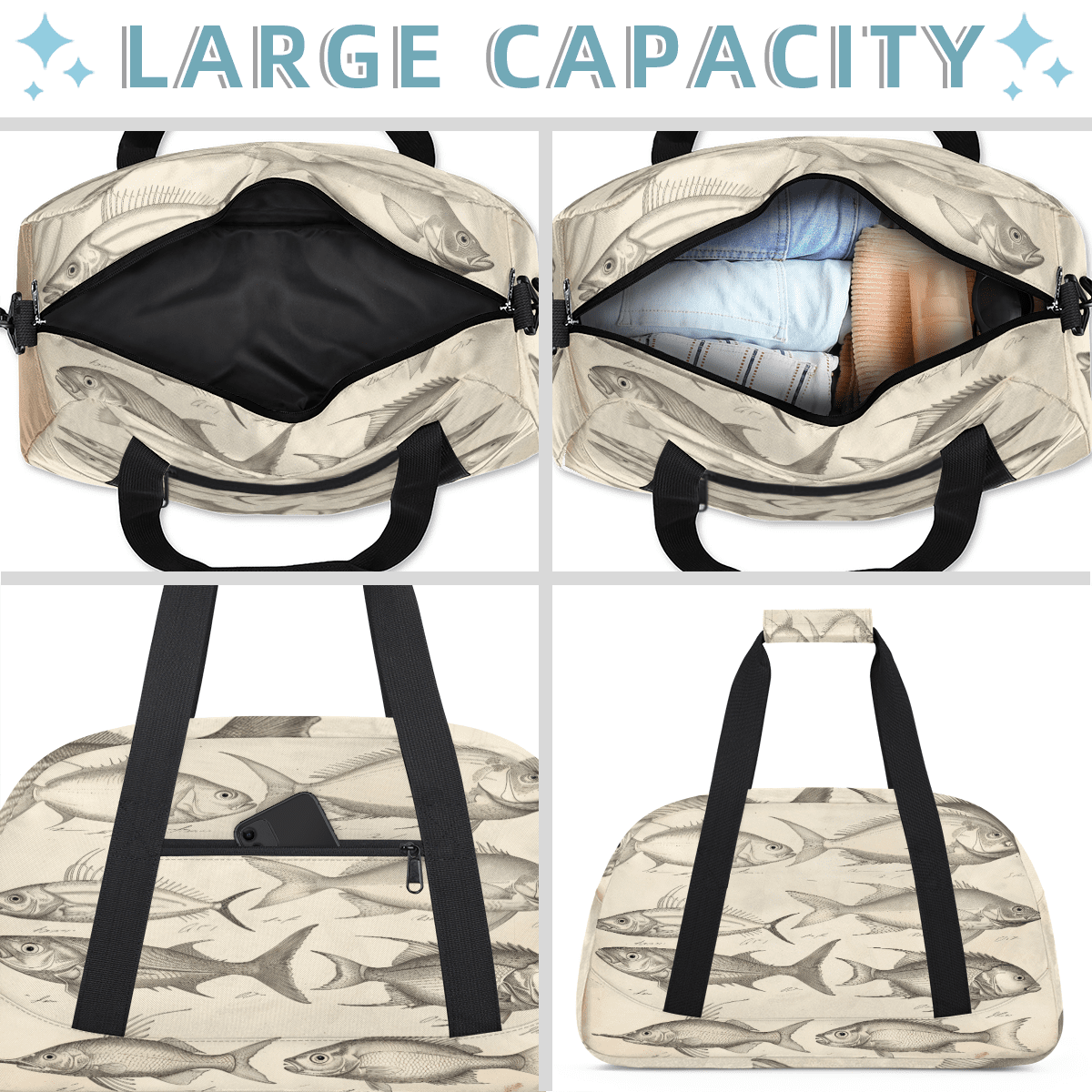 Herdesigns Sports Duffle Bags Travel Duffle Bag Gym Bag Vintage Fish Printed Weekender Travel Bag Waterproof Overnight Bag Carry On Travel Tote Bag Dance Bags