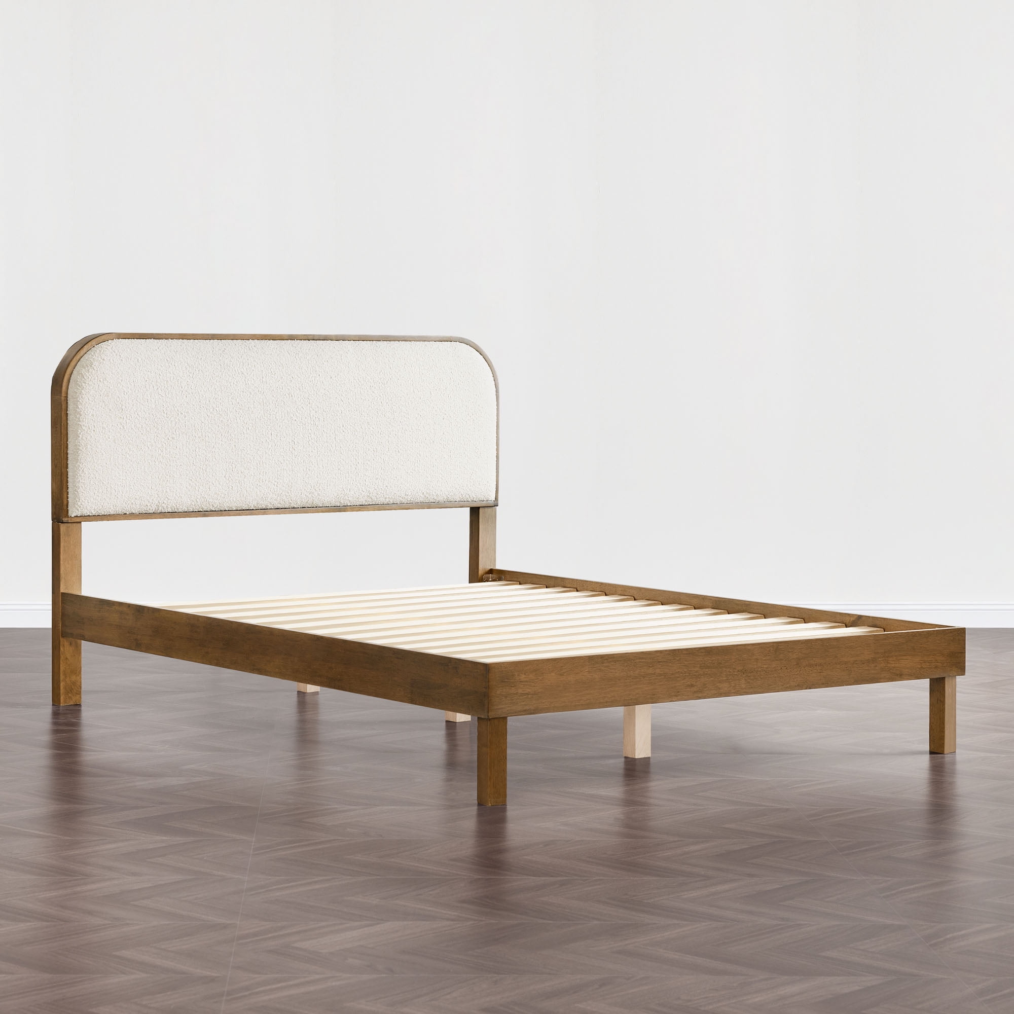 Spruce & Spring Modern Boucle Upholstered Platform Bed with Solid Wood Frame Walnut, Full