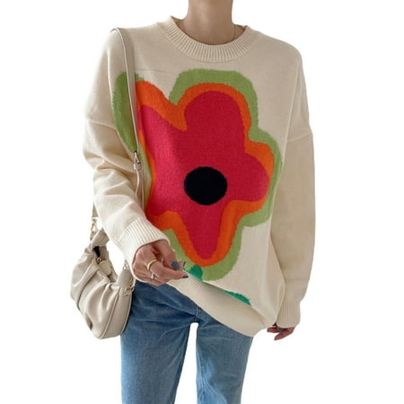 

Amuver Women Color Block Loose Flower Pattern Round Neck Long Sleeve Sweater