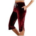 thumbnail image 2 of Karight Women's Vintage Velvet Capris - Stretch Casual Elastic High Waisted Versatile Straight Leg Lounge Pants with Pockets, 2 of 5
