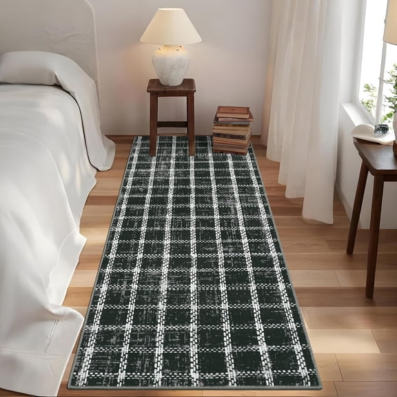 Machine Washable Rug 2x6 Runner Modern Plaid Soft Area Rug Non Slip Soft Thin Indoor Accent Rugs, Decorative Printed Low Pile Foldable Rugs for Living Room, Bedroom