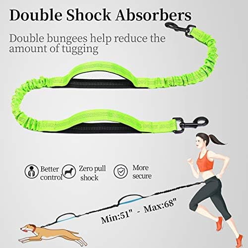 Hands Free Dog Leash with Zipper Pouch, Dual Padded Handles and Durable Bungee for Walking, Jogging and Running Your Dog (Large, 25-120 lbs, Green)