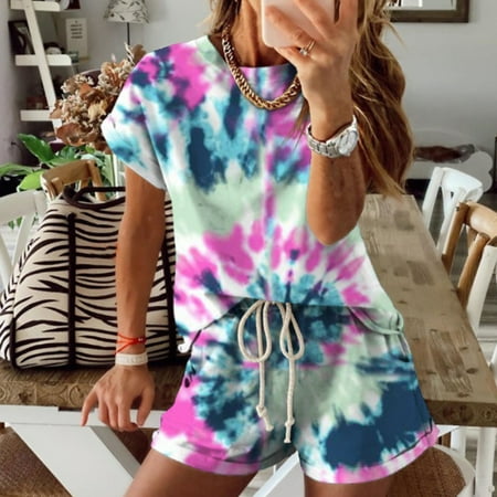 

LnjYIGJ Workout Sets for Women Women s Tie-dye Gradient Color Pajamas Short-Sleeved Loungewear Set Homewear