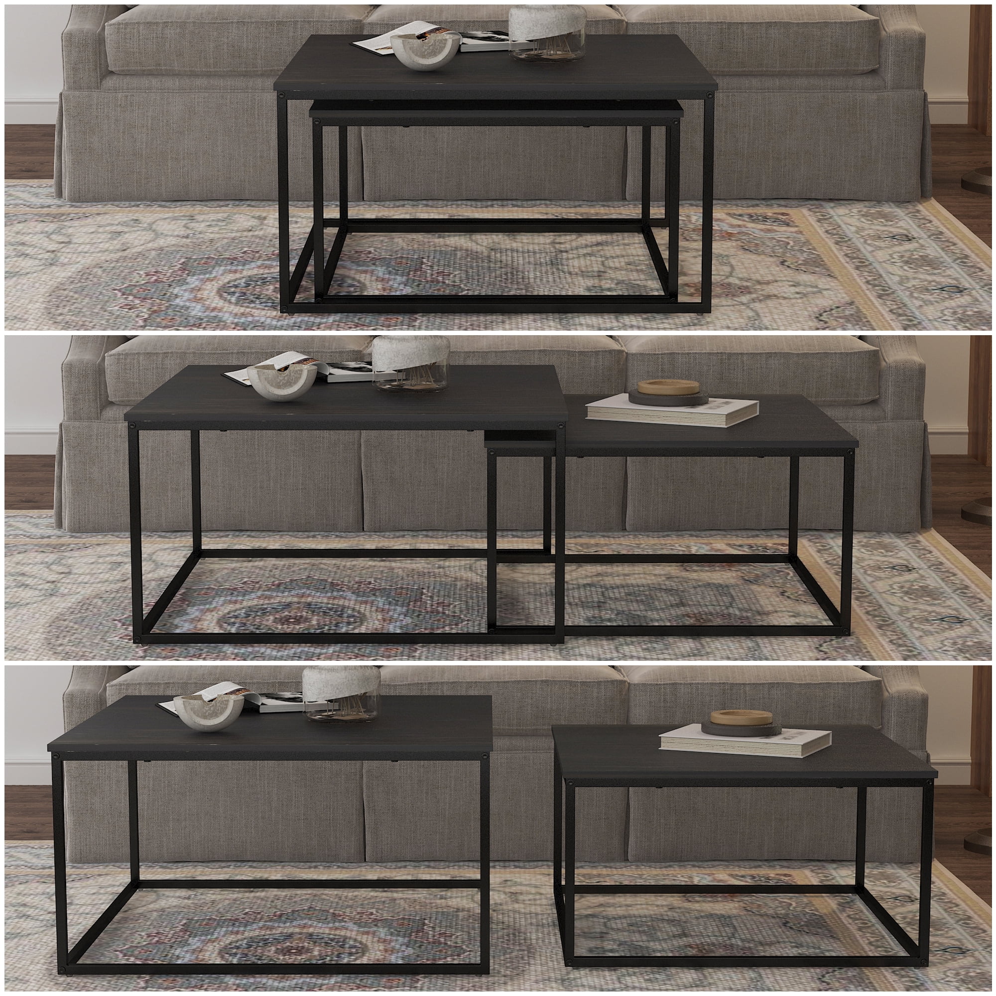 Chnnmbrn Coffee Tables, 2 Piece Set Square Nesting Table for Living Room, Black