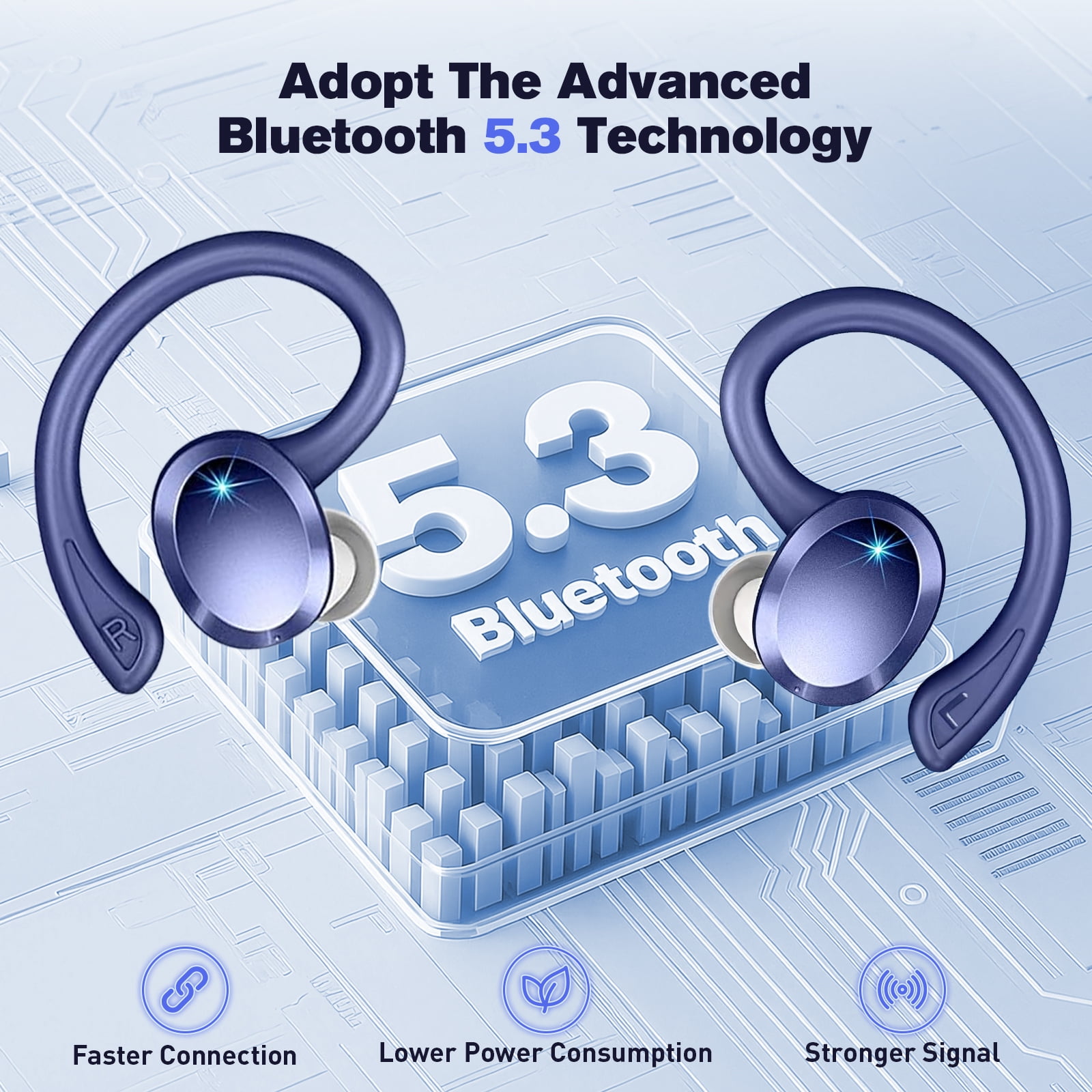 Wireless Earbuds - ETEPPEHI Bluetooth 5.3 Stereo Ear Buds with Earhooks, ENC Noise Cancelling Mic, IP7 Waterproof Earphone for Workout/Running, Blue
