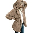 thumbnail image 2 of Women Hooded Cardigan Fuzzy Jacket Winter Open Front Fleece Coat Outwear with Pockets,Brown,S, 2 of 3