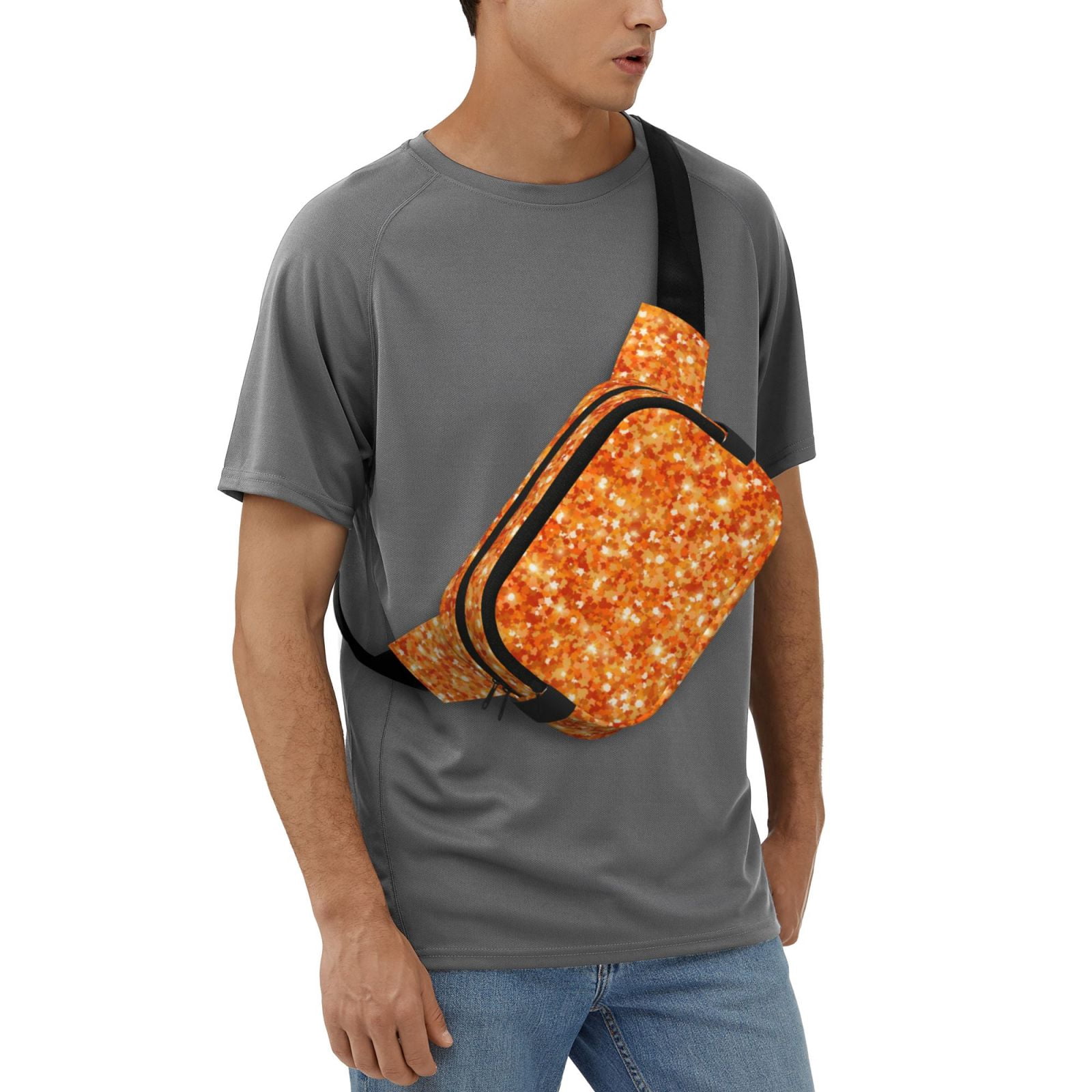Hirioo Orange Glitter for Double Layer Waist Bag Adjustable Fanny Pack For Travel Running Hiking