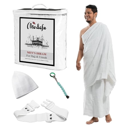 Islamic Men's Ihram Towel Set for Hajj Umrah - 2 Piece Set - 110 x 220, 100% Cotton - Combo with Belt, Kufi and Tawaf Beads