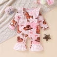 thumbnail image 2 of mgoYE Baby Girl Cowgirl Outfit Hat Boots Print Romper 3 6 12 18M Western Jumpsuit Long Sleeve Ruffle Romper, Infant Cowgirl Outfit, Fall Winter Clothes(Brown,6-12 Months ), 2 of 9