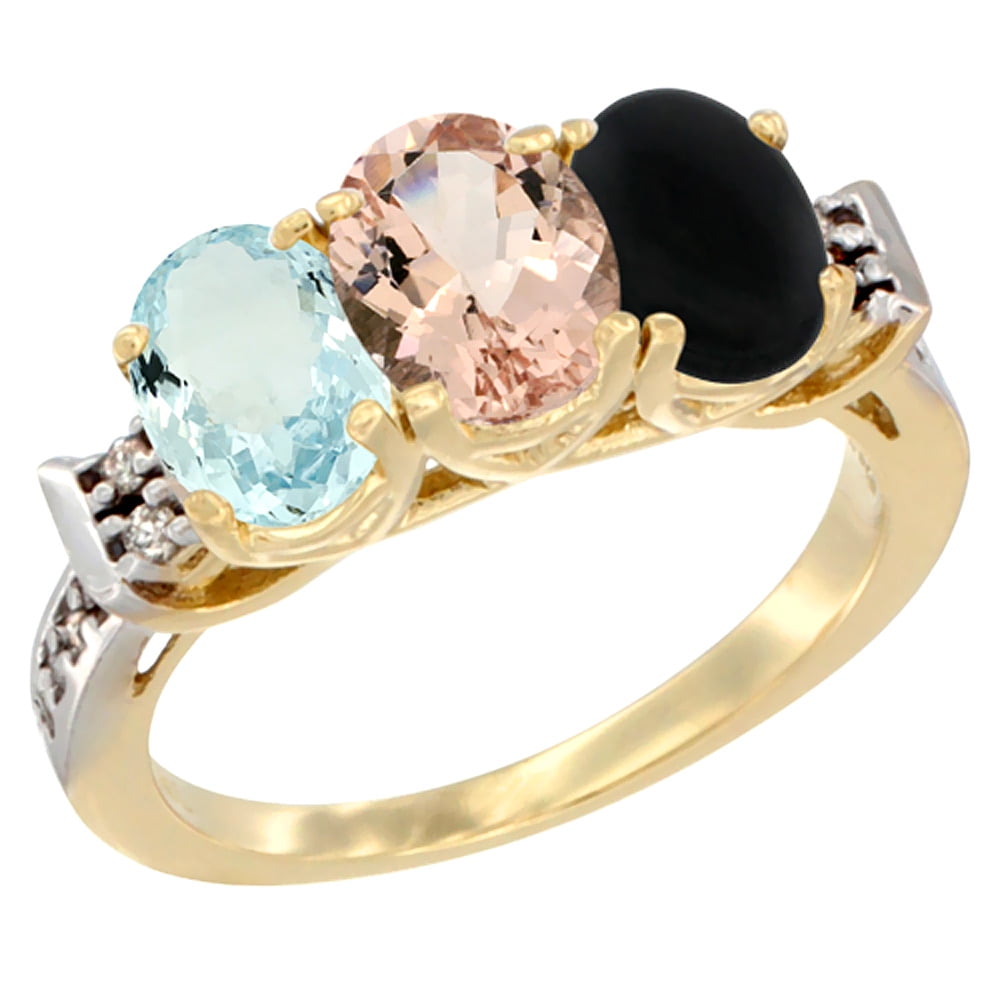 10K Yellow Gold Natural Aquamarine, Morganite & Black Onyx Ring 3-Stone Oval 7x5 mm Diamond Accent, sizes 5 10 by WorldJewels