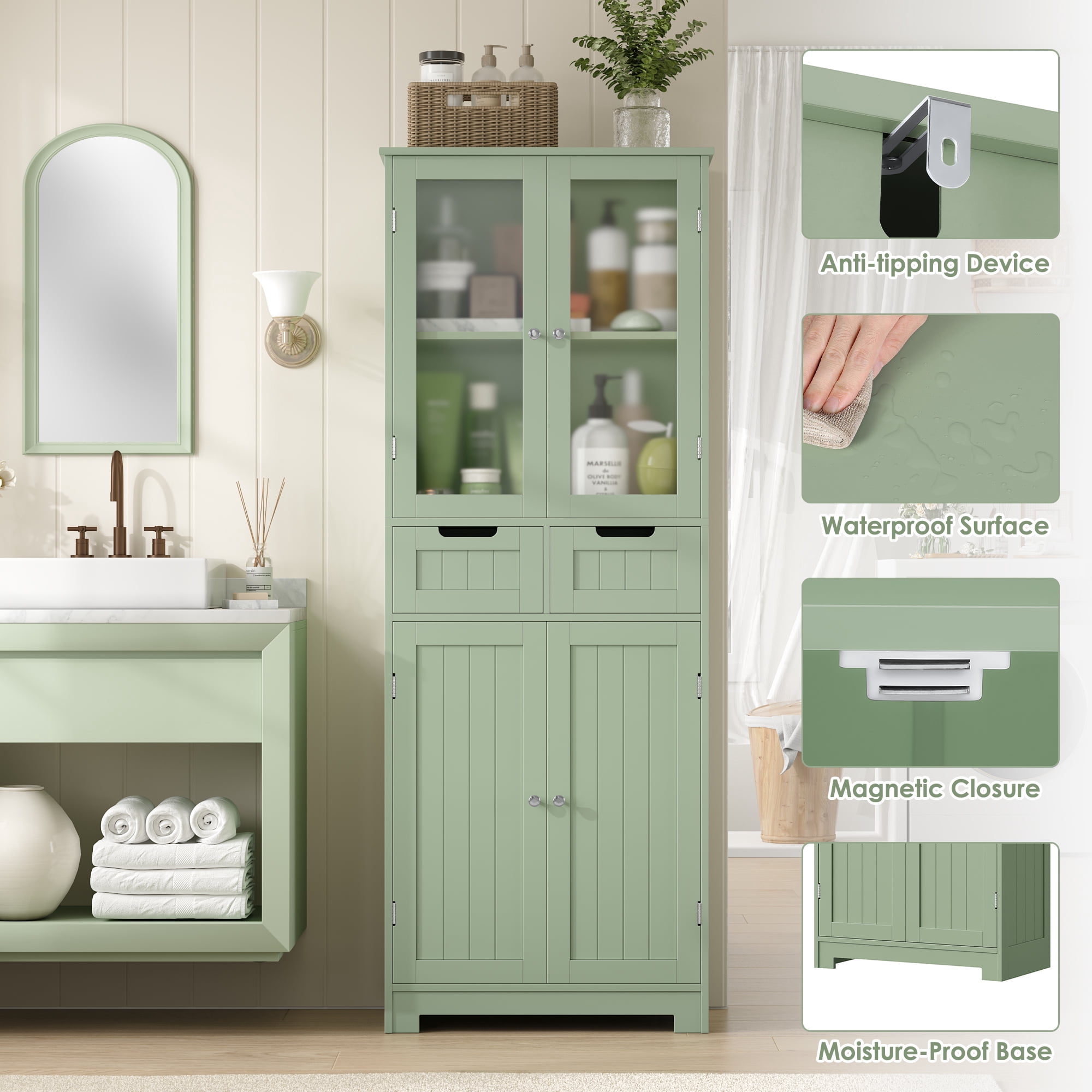 Homfa Bathroom Cabinet, 3-Tier Wood Tall Linen Storage Cabinet with 2 Drawers and 4 Doors for Living Room Office, Green