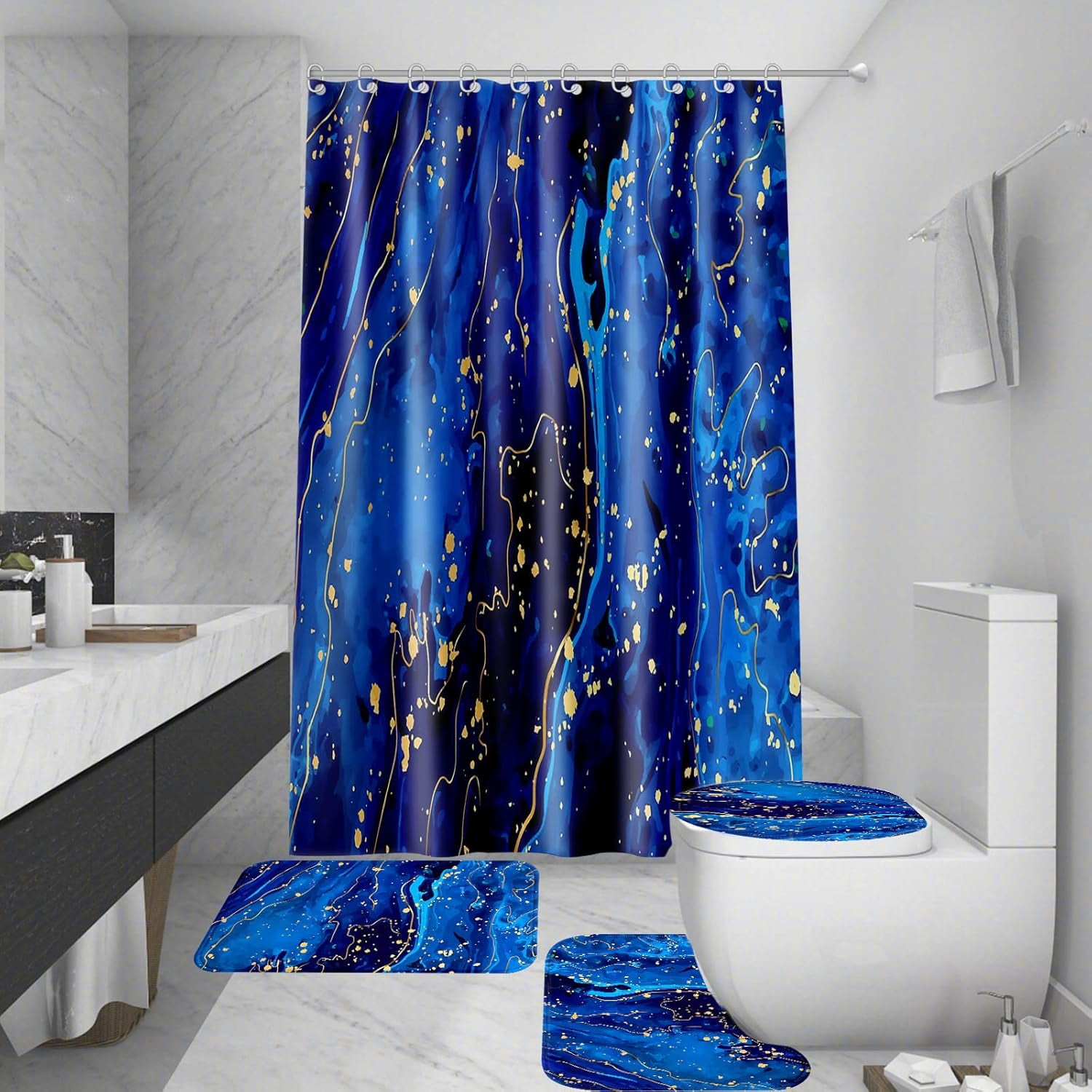 Bathroom Sets with Shower Curtain and Rugs, Bathroom Curtains Shower Set Include Waterproof Shower Curtain Non-Slip Rug Toilet Lid Cover Bath Mat and 12 Hooks, Blue Marble Shower Curtains