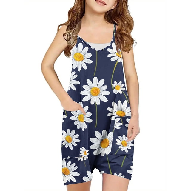 Odeerbi 5-14 Años Niñas Traje de Verano Lindo Margarita Impresión Camisola Romper Casual Transpirable Cómodo Combinados Pantalones Cortos Con Bolsillos