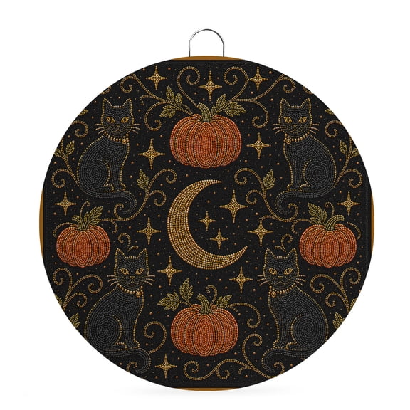 Welcome Sign for Front Door, Halloween Round Metal Wall Art Wreaths, Fall Orange Pumpkin Cats Moonlight Rustic Black Outdoor Indoor Wall Hanging Sign for Porch Decor Housewarming Gifts 5.9 Inch