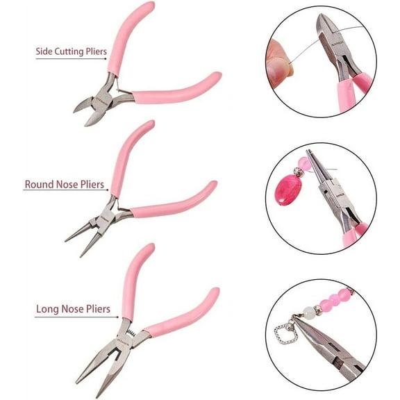 1set 3pcs Jewelry Pliers Tool set Professional Precision Pliers for jewelry making - Side Cutting Pliers Long Chain Nose Pliers with Cutter Round Nose Pliers Pink
