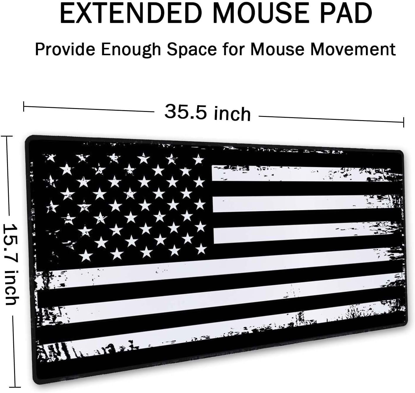 Desk Mat, Extended Gaming Mouse Pad (35.5x15.7 in), Large Non-Slip Rubber Base Mousepad with Stitched Edges, Waterproof Keyboard Mouse Mat Desk Pad - Grunge American Flag USA Flag Black White
