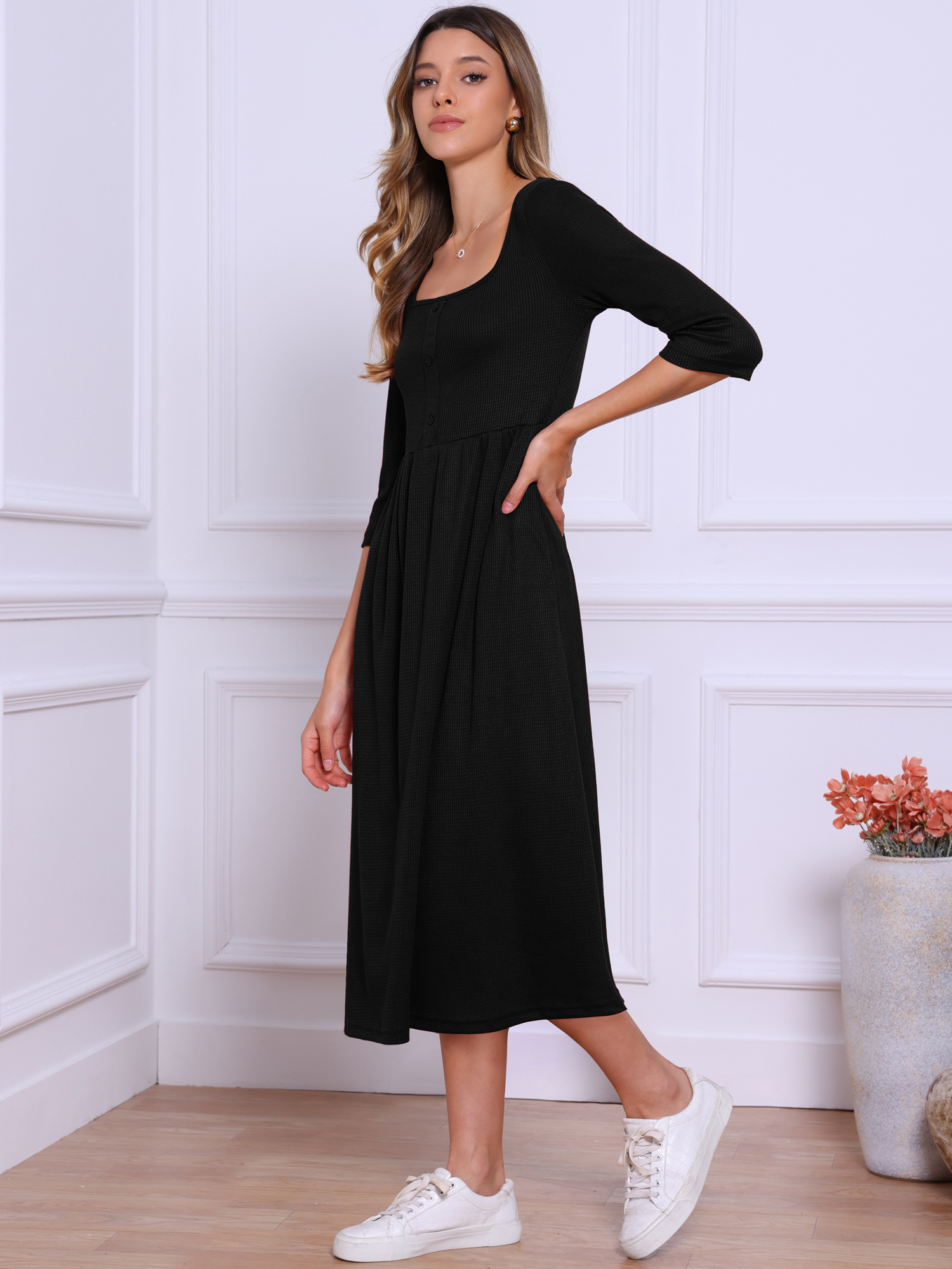 DARING DIVA Women's Casual Midi 3/4 Sleeves Square Neckline Dress S Black