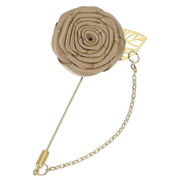 Rose Lapel Pin for Men Suits, Men Cloth Rose Flower Brooch Pin Handmade Boutonnieres Pins with Gold Leaf/Chain Brooch for Men Suit Accessories, Champagne