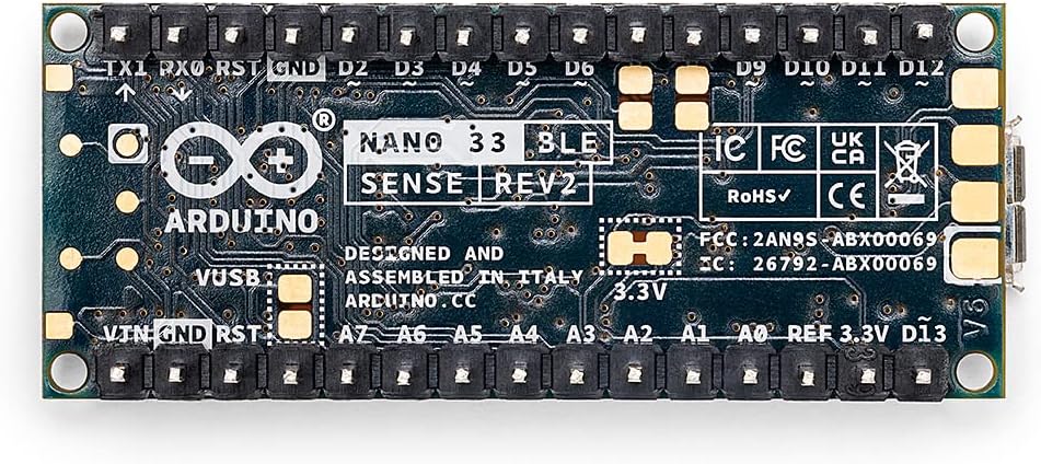 Arduino ABX00070 Nano 33 BLE Sense Rev2 w/ Headers, AI Microcontroller, Bluetooth, Wearables, Gesture & Voice Recognition