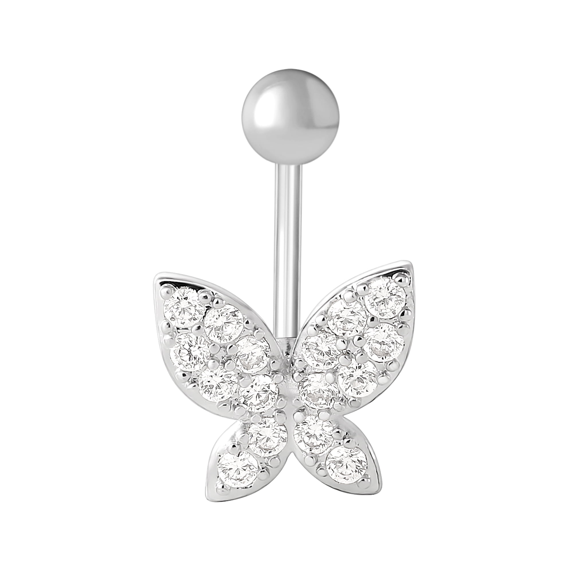 Butterfly Cubic Zirconia Silver-Tone 316 Stainless Steel Belly Button Ring, Butterfly Navel Piercing Jewelry