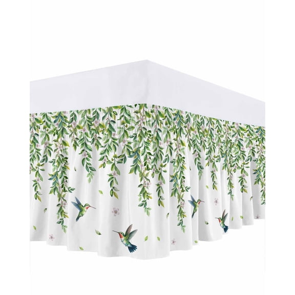 Spring Leaves Bed Skirt King Size 18 Inch Drop, Watercolor Falling Green Leaf Floral Plant Flying Birds Adjustable Elastic Dust Ruffles Bedskirt for King Bed Wrap Around Pleated Mattress Frame Cover
