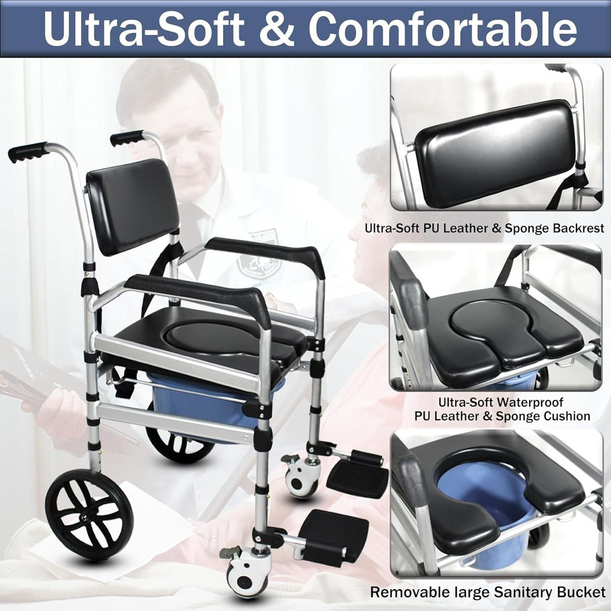 Magicorange Folding Bedside Commode with Bucket & Wheels, 350lbs Load Capacity Padded Mobility Shower Chair with Soft Backrest for Senior & Handicap
