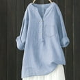 thumbnail image 2 of women blouses v neck tops for women Women Loose Solid Linen Shirt Long Sleeve Button Up Mandarin Collar Top, 2 of 3