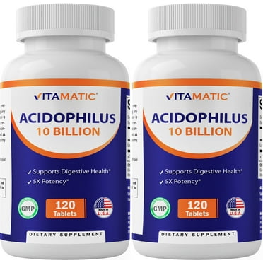 Vitamatic 2 Packs Acidophilus Probiotic - 10 Billion CFU - 120 Tablets - 5X Potency - Daily Probiotic Supplement, Supports Digestive Health (Total 240 Tablets)