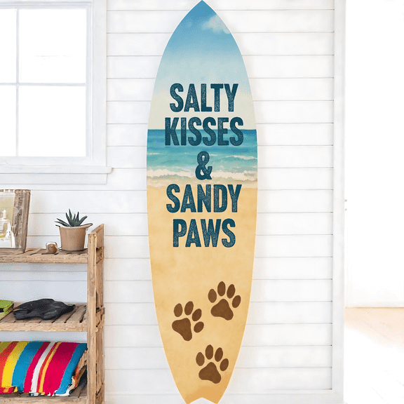 Outdoor Dog Surfboard Wall Decor – Coastal Pet Wall Art for Porch, Pool, Fence, PVC Beach House Decor for Dog Owners, Salty Kisses, 5 foot