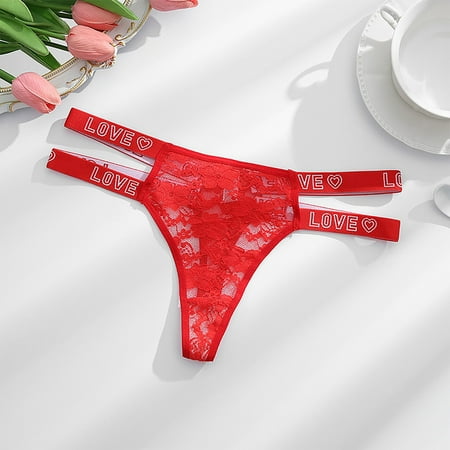 Herrnalise Women s Lingerie & Underwear Letter Tape Floral Lace Cut Out Thongs  Comfy & Breathable Intimates Panties Red-S