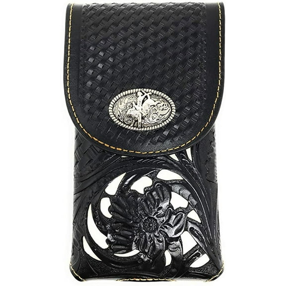 Texas West Western Cowboy Tooled Floral Leather Rodeo Concho Belt Loop Extra Large Cell Phone Holster Case