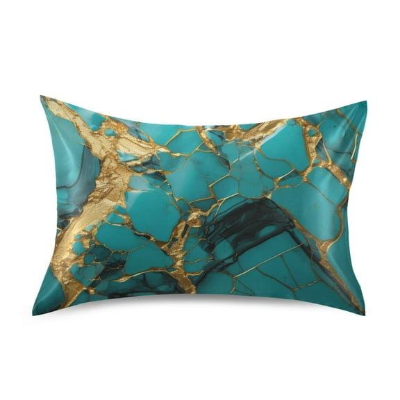 Satin Pillow Case Turquoise and Gold Marble Standard Silk Pillow Cover for Hair and Skin Envelope Closure 20"x26"