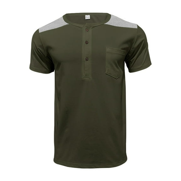 SSAAVKUY Men's Beach T-Shirts Patchwork Short Sleeve Henely Shirts Casual Summer V Neck Tee Shirts with Pocket Army Green M
