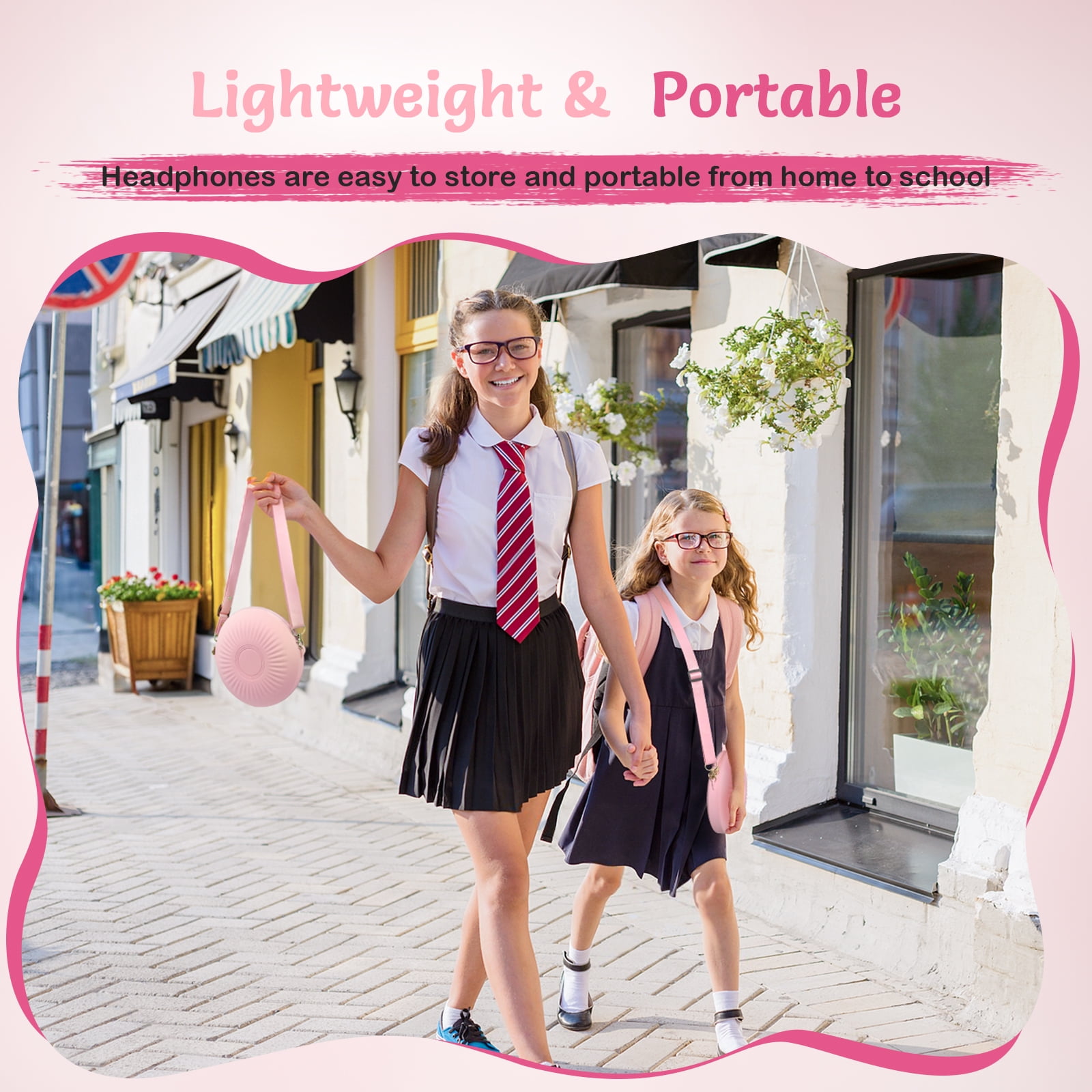 Tonoshark Kids Wired Headphones with Microphone, Volume Limited to 85/94dB Pink Earphone for Girls, Foldable 3.5mm Jack Headset for School & Travel, Includes Portable Case