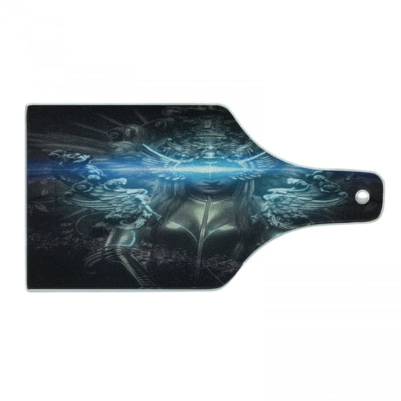 Fantasy World Cutting Board, Cartoon in Royal Gothic Style Dress Futuristic Female Muse Image, Decorative Tempered Glass Cutting and Serving Board, Wine Bottle Shape, Grey, by Ambesonne