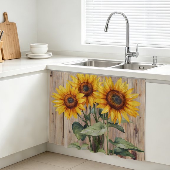 Summer Sunflower Cabinet Curtain, Vintage Flower Wooden Board Sink Skirt for Bathroom, Under Sink shelf Curtain Privacy Drape for Kitchen Laundry Room 10x11in