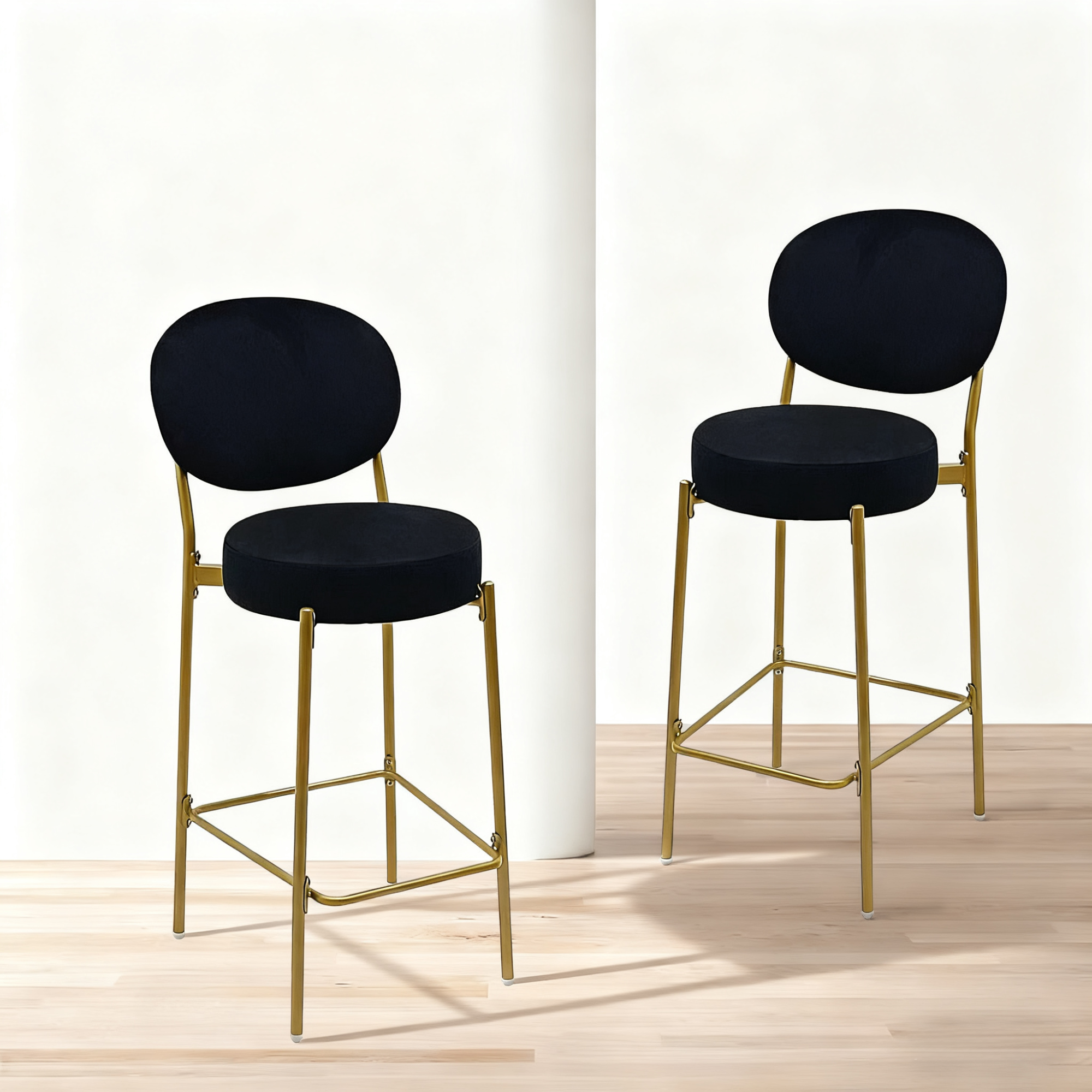Jopath 2-Pack Modern Velvet Bar Stools with Gold Metal Legs Accent Round Counter Stools for Kitchen Island, Home Bar (Black)