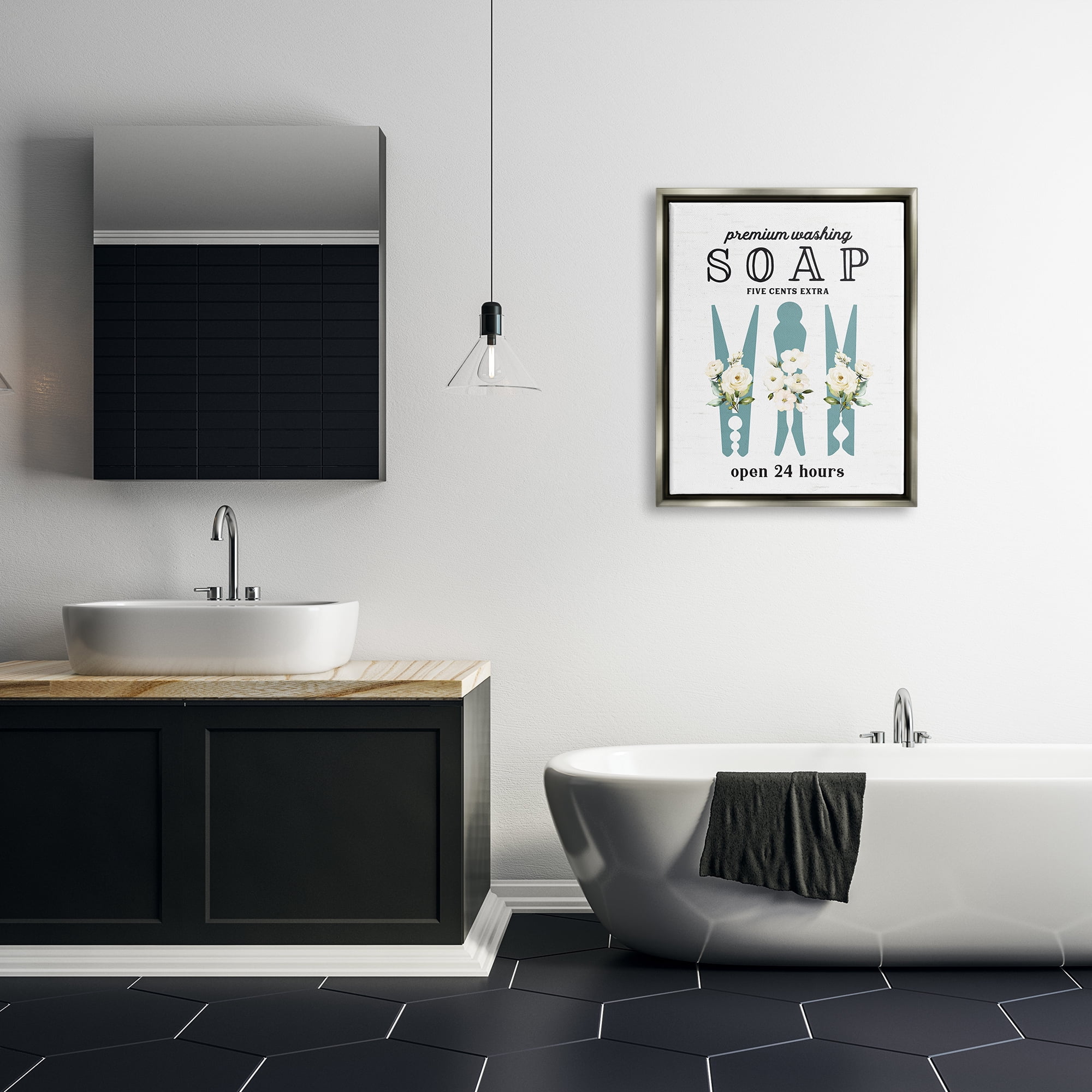 Stupell Industries Premium Soap Laundry Sign Vintage Floral Clothespins Graphic Art Luster Gray Floating Framed Canvas Print Wall Art, Design by Lettered and Lined