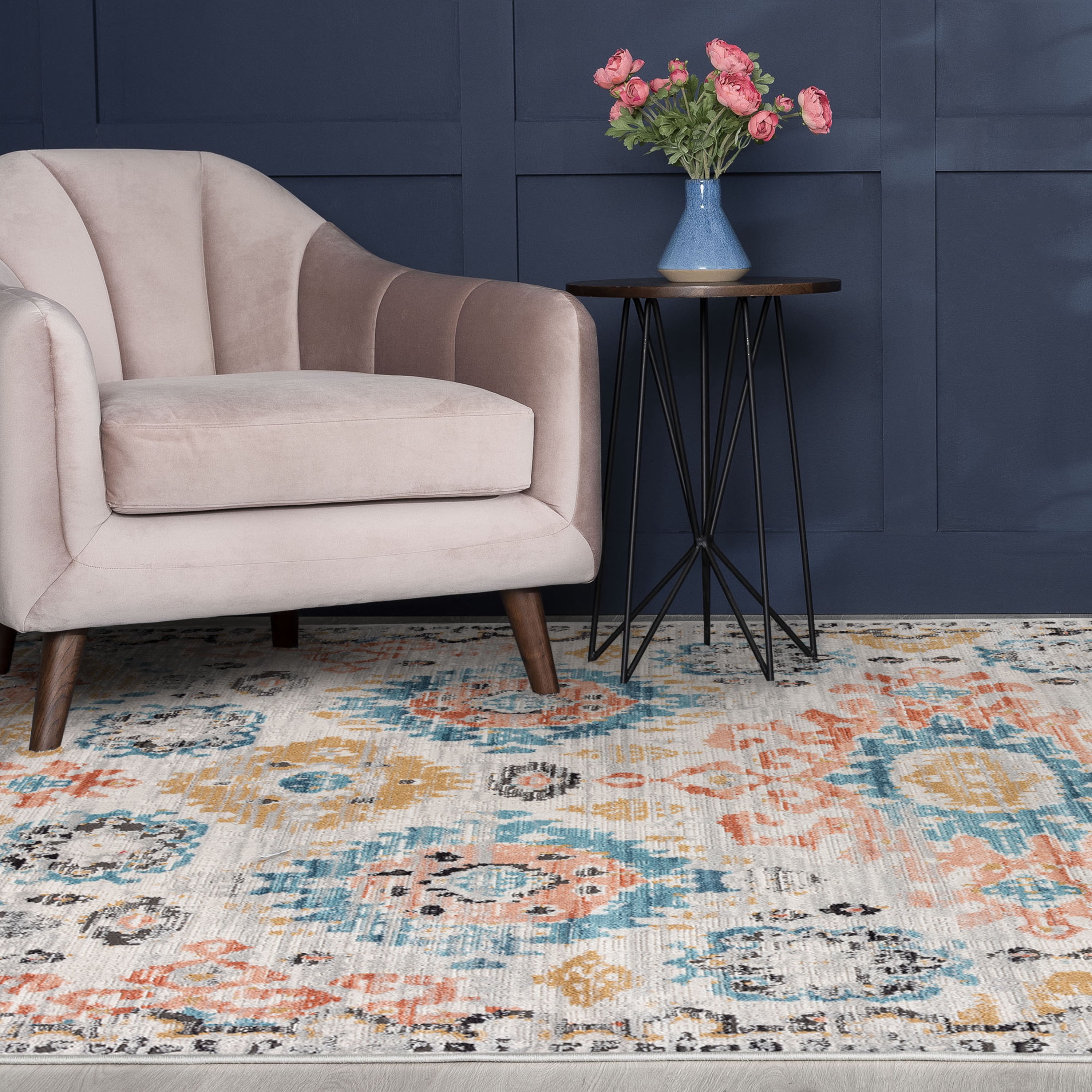 Anabel Traditional 8' x 10' Aqua and Peach Polypropylene & Polyester Indoor Area Rug