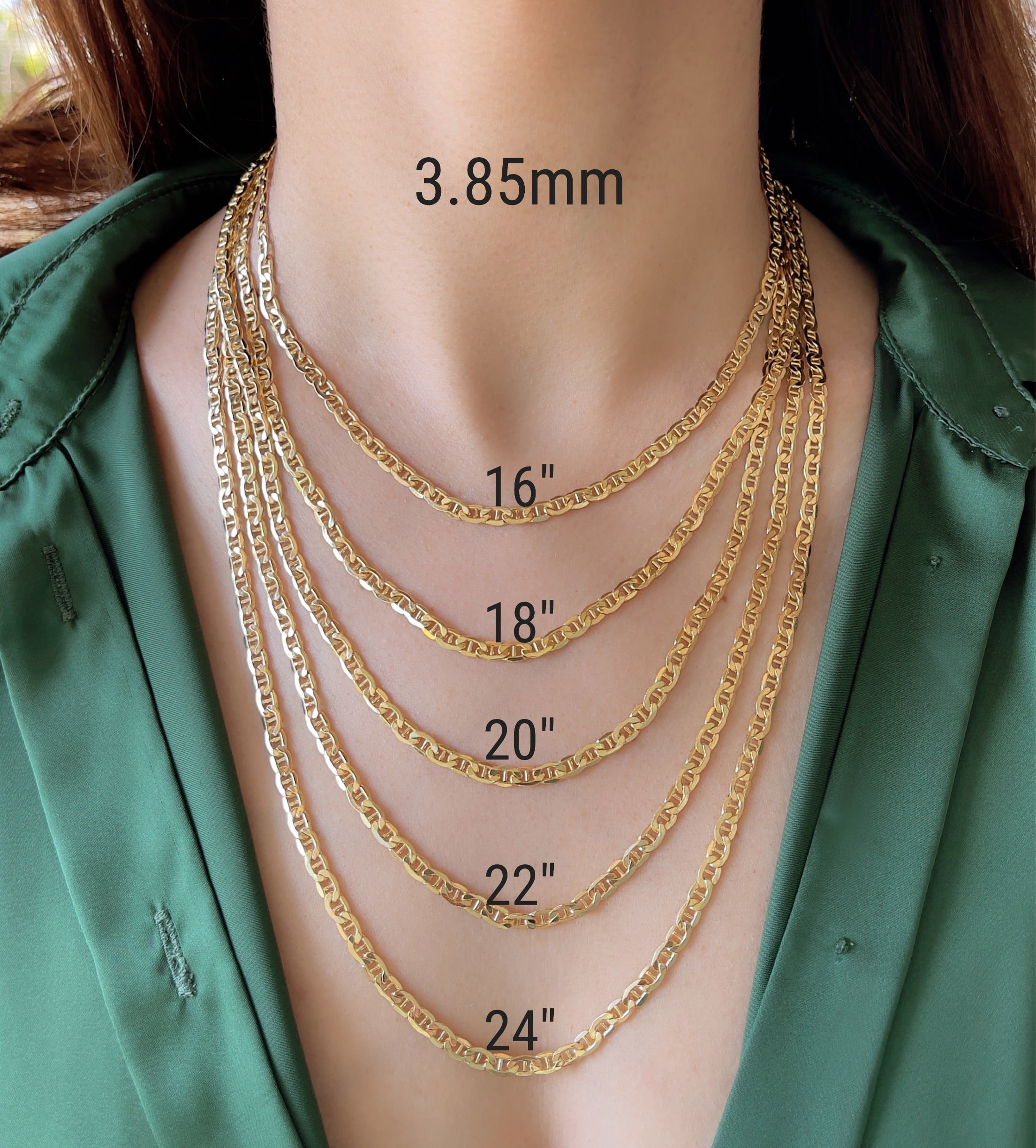 Jewelheart 14 K Yellow Real Gold Flat Mariner Chain 2.4-4.65 mm Thick Diamond Cut Anchor Link Pendant Necklace For Men Women 16"-24"