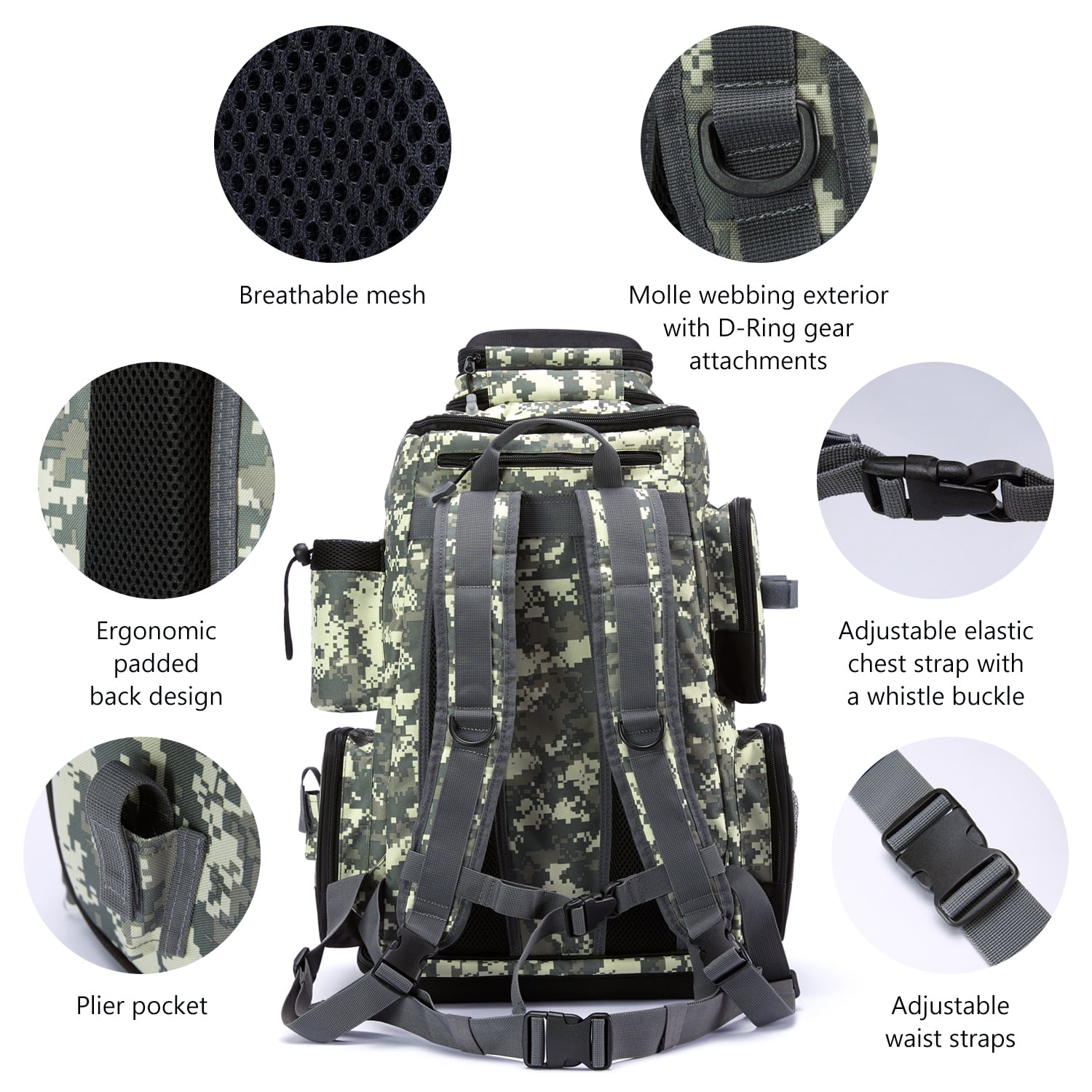 Bassdash Water Resistant Lightweight Tactical Fishing Tackle Backpack with Soft Tackle Box and Rain Cover