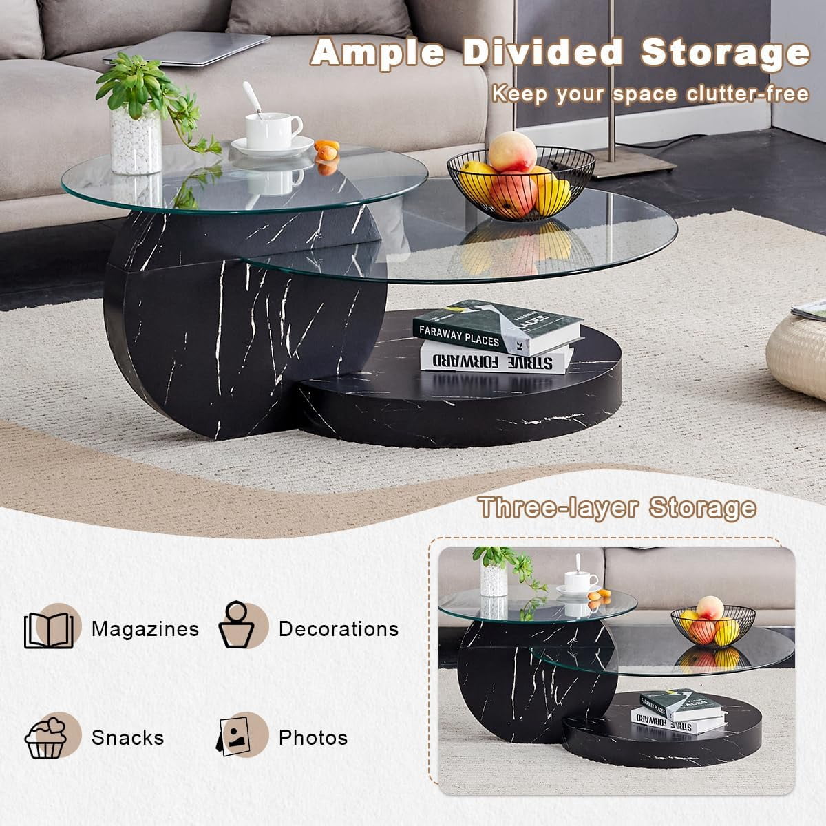 StnTalk 42" Round Coffee Table, 3-Tier Glass Coffee Table with Faux Marble MDF Base, Modern Storage Center Table for Living Room, Small Space, Apartment