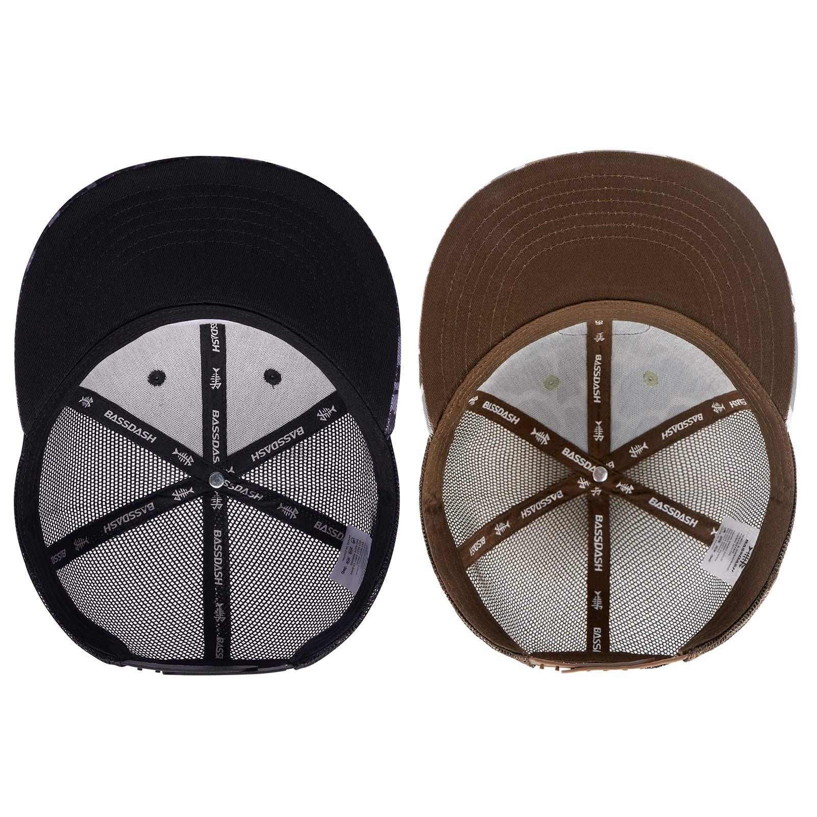 BASSDASH 2 Pack Flat Brim Trucker Cap Adjustable Snapback Hat Mesh Back For Men Women Fishing Hunting