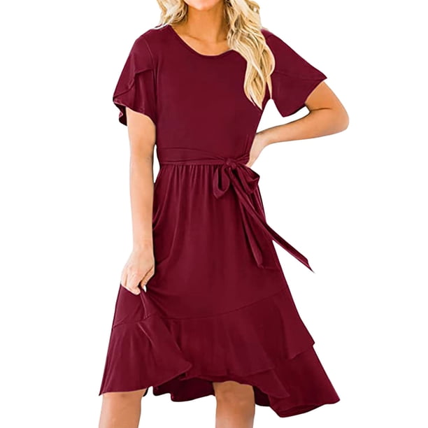 Txlixc Vestido Midi de Verano para Mujer Color Sólido Manga Corta Dobladillo Irregular Vestido con Cinturón Txlixc Moda